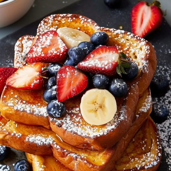 Golden French toast stacked high, topped with fresh strawberries, blueberries, banana slices, and powdered sugar.
