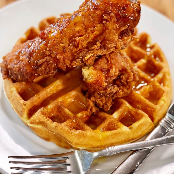 Golden-brown fried chicken pieces drizzled with syrup, resting on a waffle with a fork and knife.